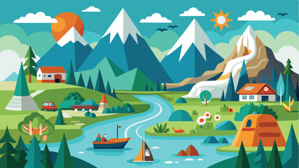 Fototapeta premium Mountain landscape with vibrant trees, boats, and sunny skies featuring an idyllic lake and cheerful little houses in a serene setting