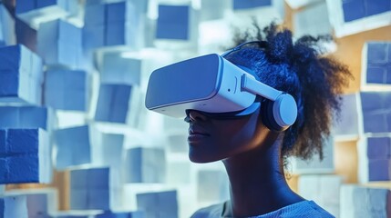 Immersive Virtual Reality Experience with a Young Woman Using VR Headset Surrounded by Textured Background in Blue Lighting