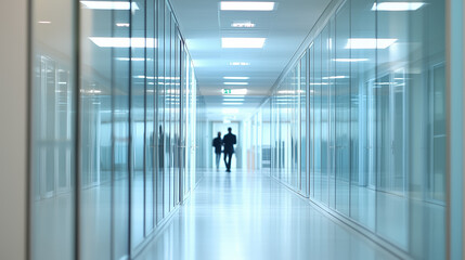Two professionals walk through a bright corridor in a modern office building during a busy workday
