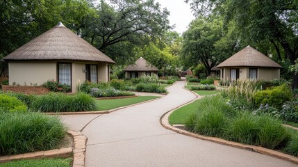 Bright summer day highlights traditional Zulu huts in an eco village, framed by green trees and open park space near Harare