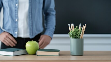 Teacher stands confidently in front of a blackboard, ready to engage students as books and supplies enhance the learning environment