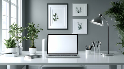 Modern workspace with plants and laptop.