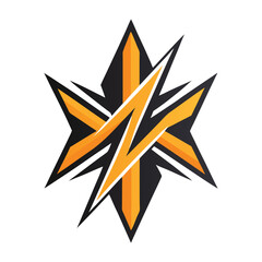 Obraz premium Star-shaped vector design featuring a dynamic lightning bolt pattern in orange and black colors, suitable for modern graphics