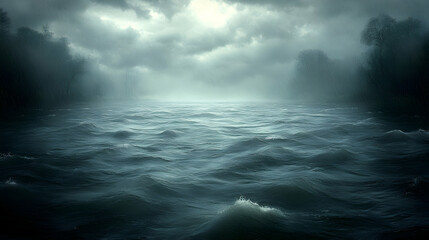 Fototapeta premium Moody, dark water scene with stormy clouds and distant trees.