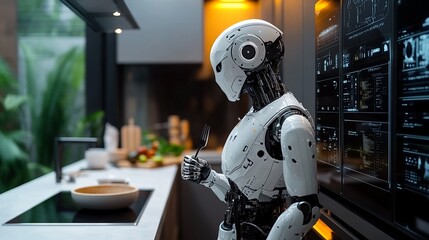 Fototapeta premium A futuristic robot stands in a modern kitchen, holding a fork and gazing at a screen displaying various graphs.