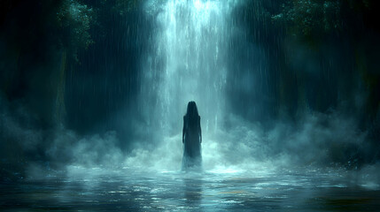 Obraz premium Mysterious woman in long dress standing in misty water before a waterfall in a dark forest.