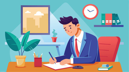 Professional man working at a desk in a bright office space with a laptop and stationery during daytime, creating documents and brainstorming ideas