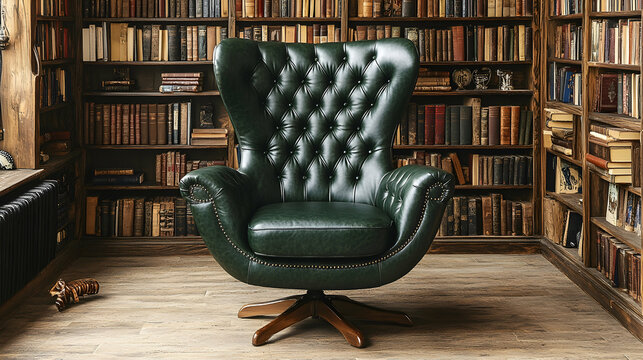 Elegant green leather chair in a library setting.