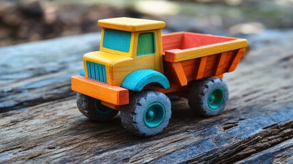 Fototapeta premium Colorful wooden toy truck on a rustic wooden surface, perfect for imaginative play.