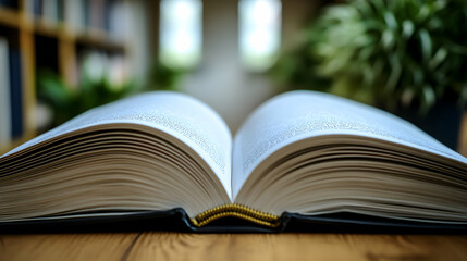 Obraz premium Open book on a wooden table with plants.