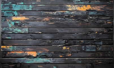 Naklejka premium Distressed painted wood, dark, with turquoise and orange.