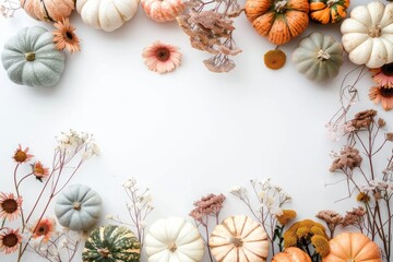 Obraz premium Minimalistic autumn border arrangement with pastel pumpkins, dried flowers, and vibrant fall accents on a clean white background.
