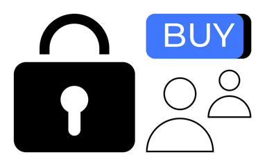 Black padlock next to blue BUY button and two user avatars. Ideal for e-commerce, online security, data protection, digital transactions, user authentication, cybersecurity, privacy policies. Line