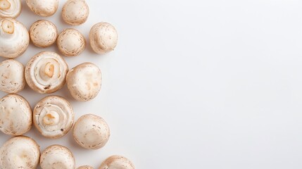 Obraz premium Fresh white mushrooms scattered on a white background, minimalistic and clean vegetable composition, isolated with copy space for text, vibrant and organic produce photography for culinary and farming