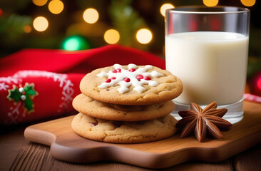 New Year's food for Santa Claus. Milk and decorated cookies.