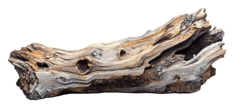 Weathered driftwood log isolated on transparent background, natural texture and design element concept