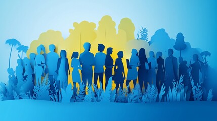 Obraz premium Silhouetted diverse group of people standing together against a vibrant blue and yellow background, conveying unity and diversity.