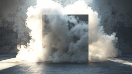 A mysterious black cube surrounded by swirling gray smoke in a dimly lit space.