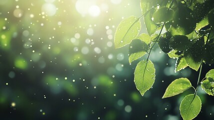 Lush green leaves glistening with dew in a soft, dreamy atmosphere.