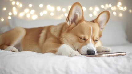 Cute corgi puppy lying on a bed under twinkling lights capturing innocence warmth and cozy pet-friendly living in a dreamy bedroom setting