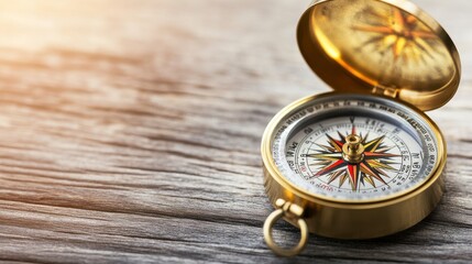 Antique Brass Compass on Rustic Wooden Surface with Sunlight Reflection and Intricate Design, Symbolizing Navigation and Adventure for Travel Enthusiasts