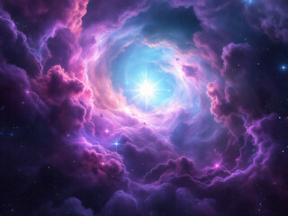 Obraz premium Vibrant cosmic nebula with swirling colors and glowing stars in deep space.