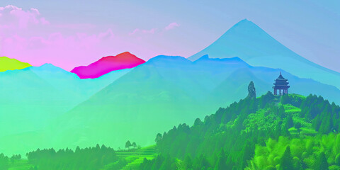 Stylized Landscape with Pavilion and Mountains