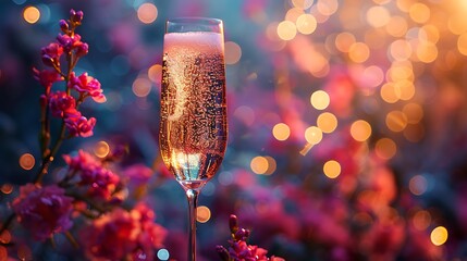 A sparkling champagne glass with a backdrop of colorful New Year fireworks illuminating the sky.