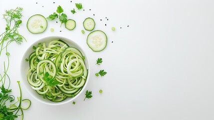 Fresh zucchini spirals in a white bowl with basil leaves, arranged on a white background, minimalistic and clean vegetable composition, isolated with copy space for text, vibrant and healthy organic p