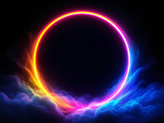 Vibrant neon circle glowing with radiant colors against a dark, mystical background.