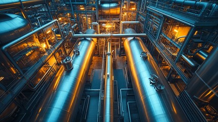industrial facility with large metal pipes and tanks illuminated by yellow lights.