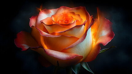 Fiery orange rose blossom with flames, dark background.