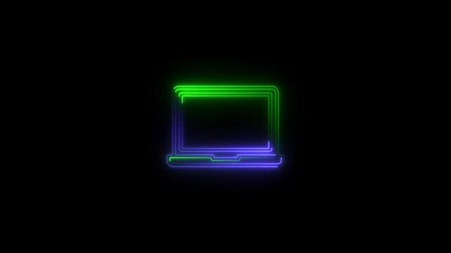 Laptop neon icon 4k anemation balack background.