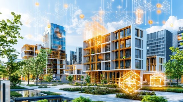 Smart city, futuristic buildings, digital technology.