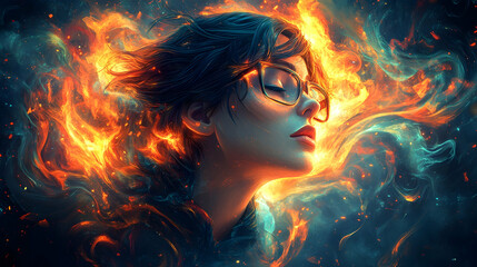 Fiery portrait of a woman with glasses, engulfed in flames and smoke.