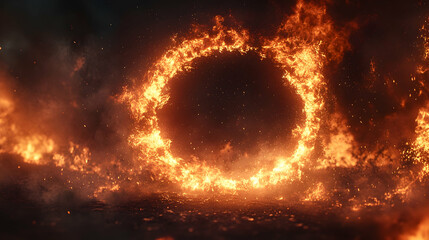 Fototapeta premium Fiery ring of fire burning in dark background.