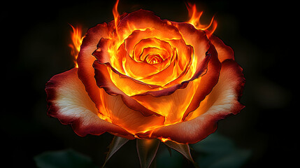 Fiery rose ablaze against a dark background.