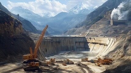 A large-scale infrastructure project showing massive dams, pipelines, or tunnels under construction, with heavy machinery in action, 16:9