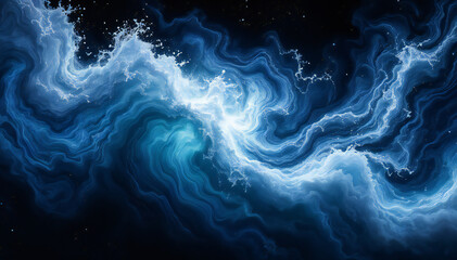 Swirling blue and white cosmic clouds against a dark starry night sky.