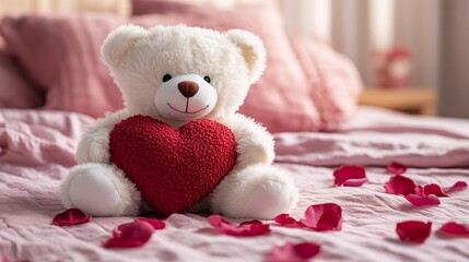 Fototapeta premium a teddy bear holding a heart on a bed with rose petals.
