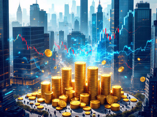 Golden coins stacked with rising graph, city skyline background symbolizing financial growth.