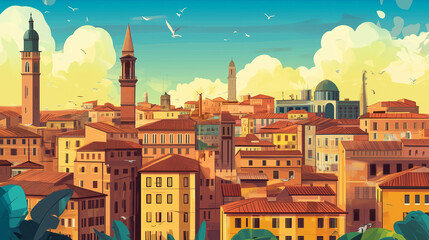 Obraz premium Illustration, Cityscape of Bologna in Italy, touristic advertisement poster. Promotional touristic poster. Beautiful city in Italy. Must-see tourist travel destination.