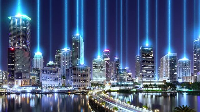 Digital wireless network and technology concept with data flowing into the Miami Florida skyline.