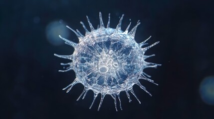 Detailed Close-Up of a Unique Transparent Microorganism with Radial Projections, Captured Against a Dark Background, Representing Cellular Structure and Microbiology Study
