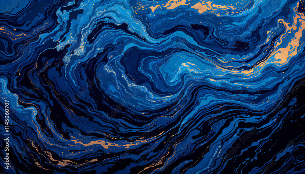 Sticker swirling waves of deep blue and gold paint , creating a mesmerizing abstract pattern reminiscent of 