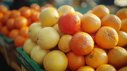 close up of citrus fruit at an outdoor market.