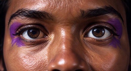 Closeup of brown eyes with purple mardi gras makeup on a young african woman, concept for cultural festivities and beauty