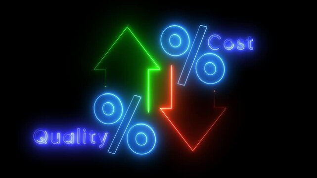 Quality control and company cost reduction. Cost and quality control concept. Successful organization strategy and management. Percentage icon of quality with up arrow and cost with down arrow.