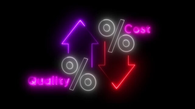 Quality control and company cost reduction. Cost and quality control concept. Successful organization strategy and management. Percentage icon of quality with up arrow and cost with down arrow.