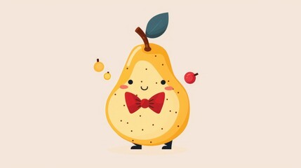 Happy pear character juggling fruit, wearing a bow tie.